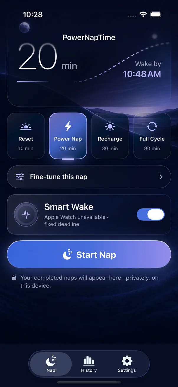 PowerNapTime home screen showing a 20-minute nap and hard wake time